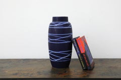 Mid-Century West German Deep Blue Scheurich Ceramic Vase with White Swirl Glaze
