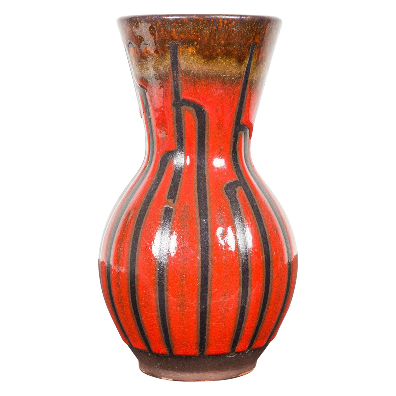 Mid-Century West German Fat Lava Red Black Striped Glaze Ceramic Vase en venta