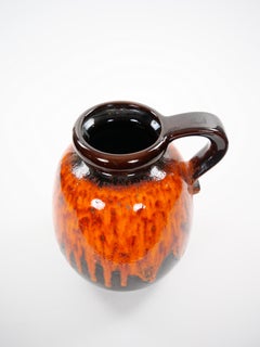 Mid-Century West German Glazed Porcelain Vase, Orange /Brown, Black 12" Tall