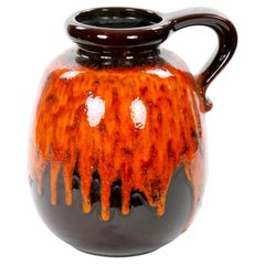 Mid-Century West German Glazed Porcelain Vase, Orange /Brown, Black 12" Tall