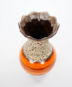 Mid-Century West German Glazed Porcelain Vase, Orange, Eggshell & Brown 10" Tall