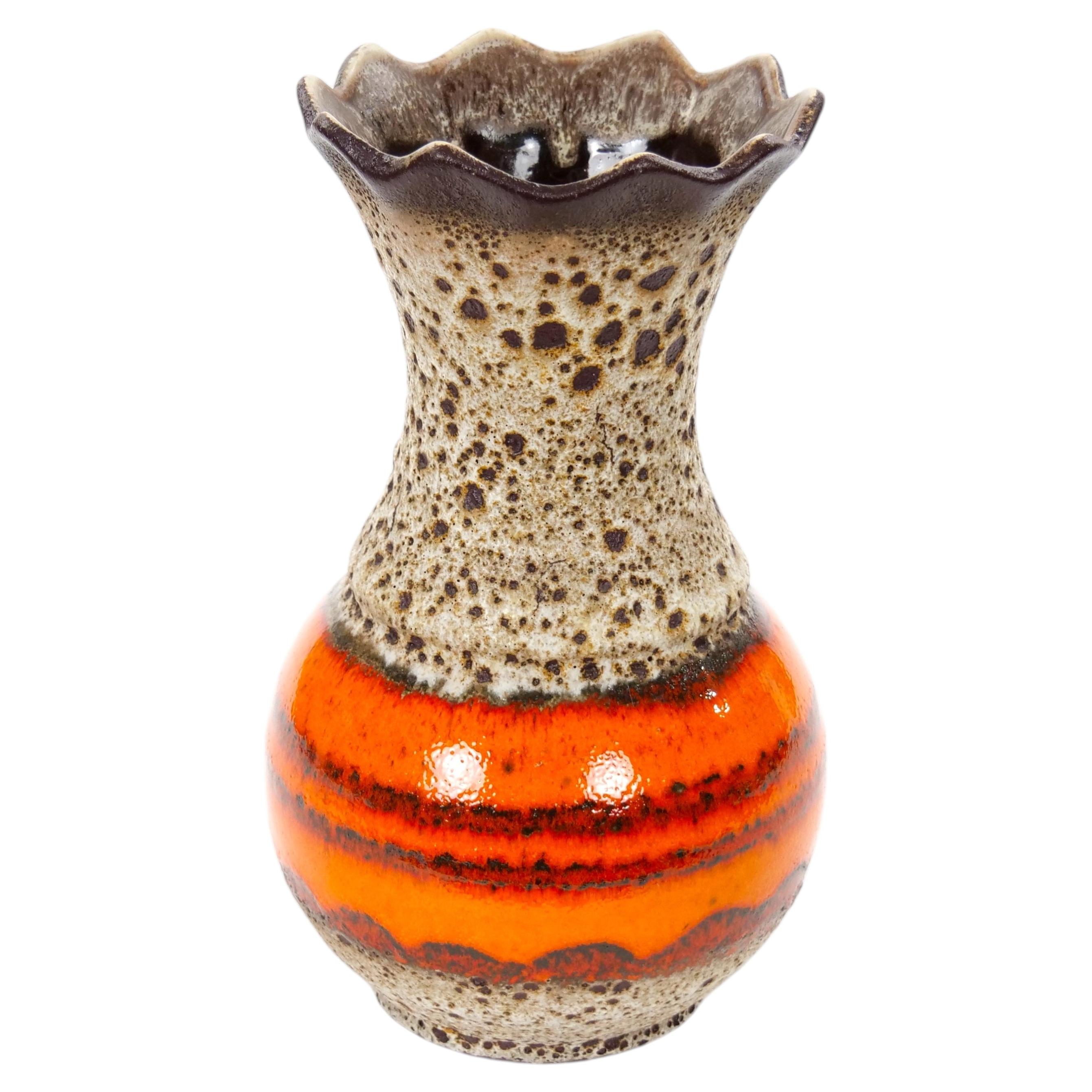 Mid-Century West German Glazed Porcelain Vase, Orange, Eggshell & Brown 10" Tall