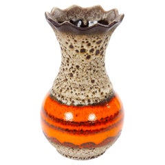 Mid-Century West German Glazed Porcelain Vase, Orange, Eggshell & Brown 10" Tall