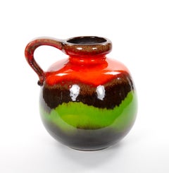 Mid-Century West German Glazed Porcelain Vase Red, Green & Brown 8.5" Tall
