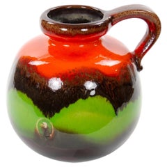 Mid-Century West German Glazed Porcelain Vase Red, Green & Brown 8.5" Tall