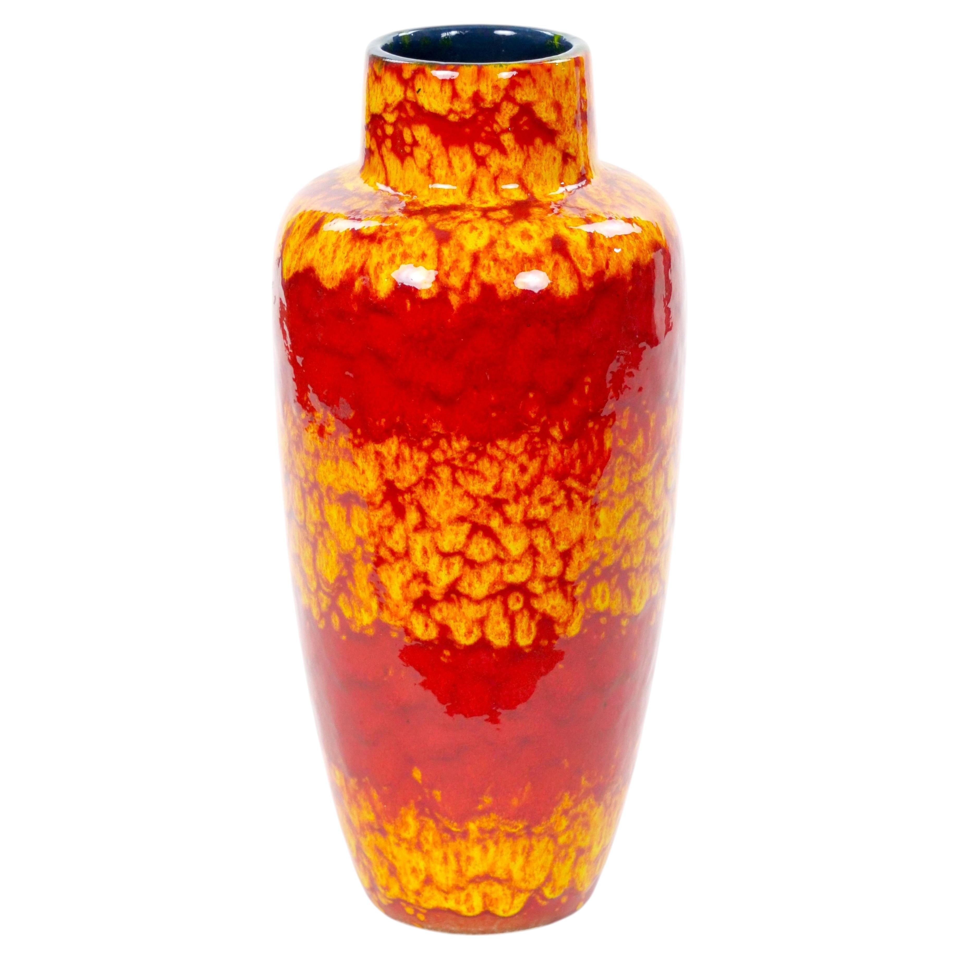 Mid-Century West German Glazed Porcelain Vase, Yellow & Red, 12\" Tall For Sale