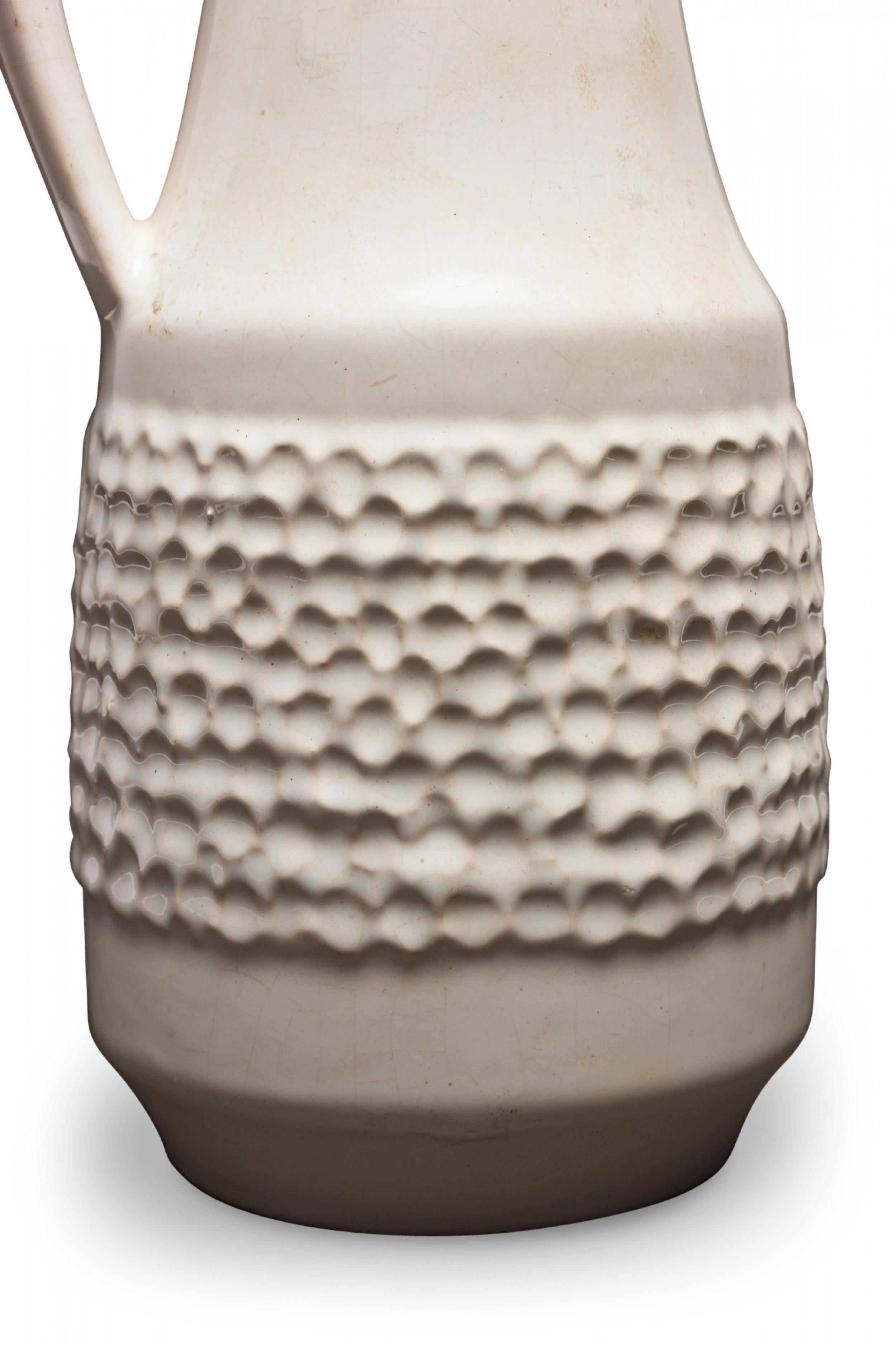 Mid-Century West German White Dimpled Band Design Ceramic Handled Vase In Good Condition For Sale In New York, NY