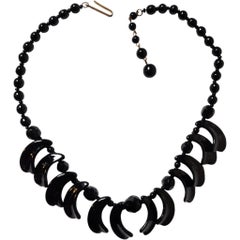 Mid-Century West Germany Black Jet Glass Bead Necklace with Sculptural Crescent