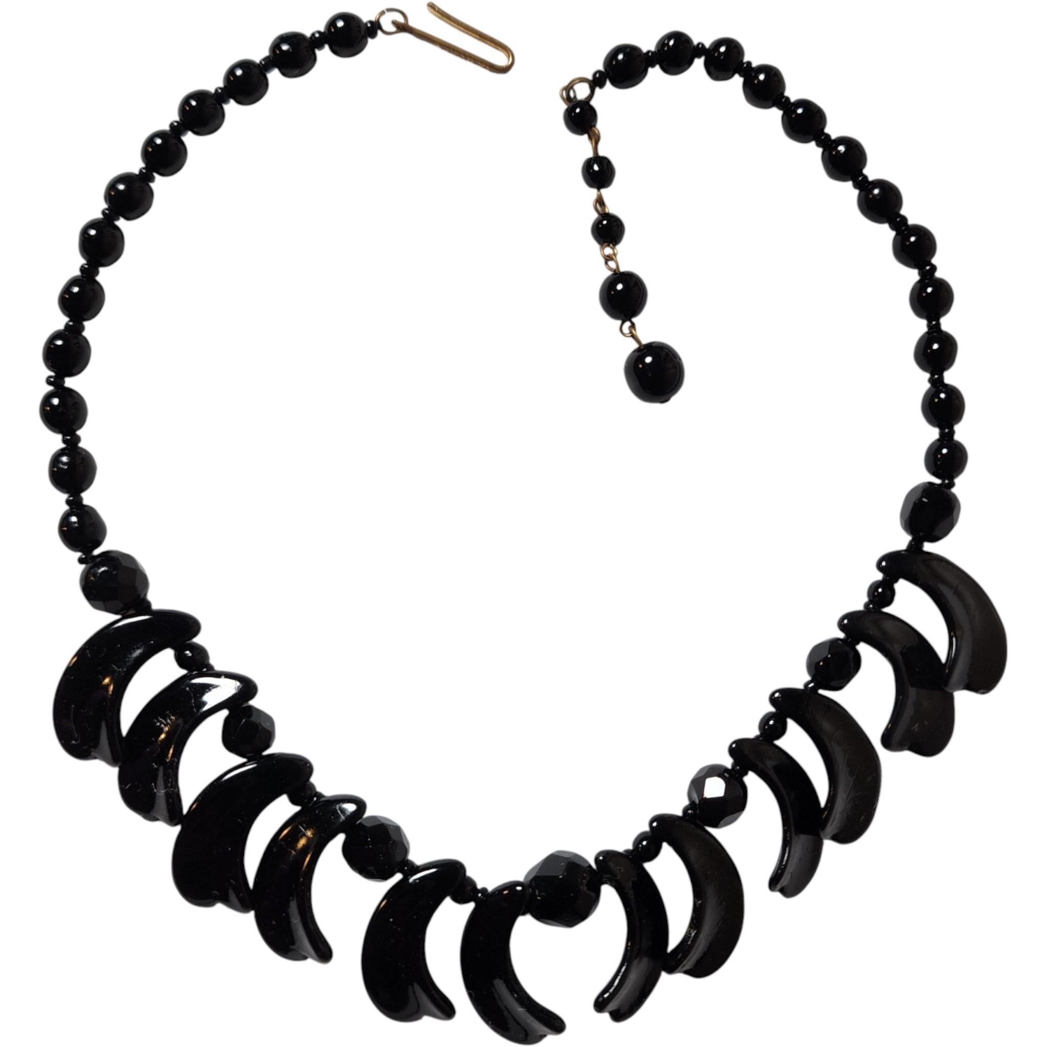 Mid-Century West Germany Black Jet Glass Bead Necklace with Sculptural Crescent