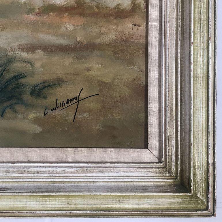 Original Atomic Age cowboy & buffalo oil on canvas painting signed by the artist in its original white oak frame. The painting captures the raw intensity of a Western scene, depicting a group of cowboys in pursuit of buffalo. Rich in detail and