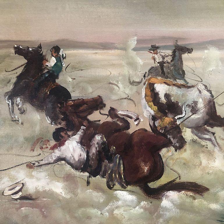 Mid-Century Modern Mid-century Western Cowboy Buffalo Signed Oil on Canvas Painting, Framed