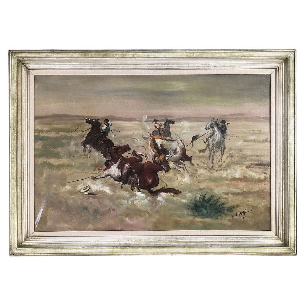 Quadro su tela della metà del secolo scorso, firmato Cowboy Buffalo, olio su tela, con cornice