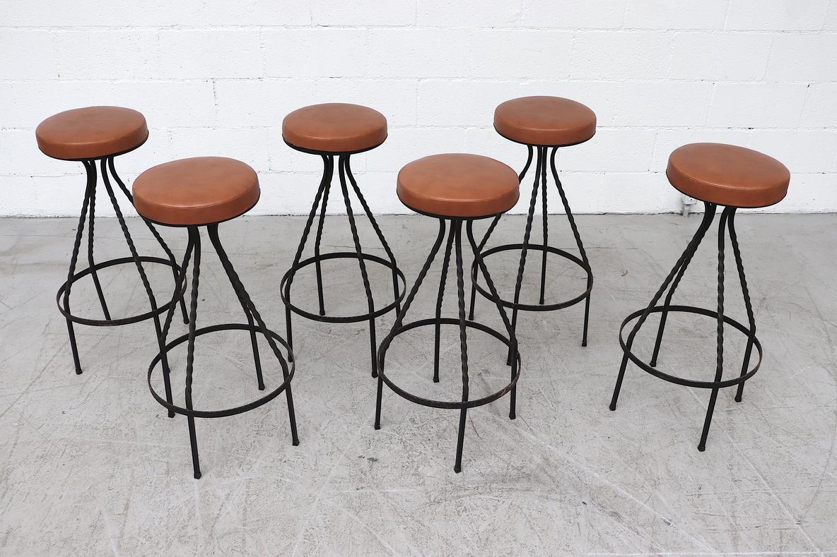 Dutch Mid-Century Western Style Brutalist Bar Stools with Faux Leather Seats