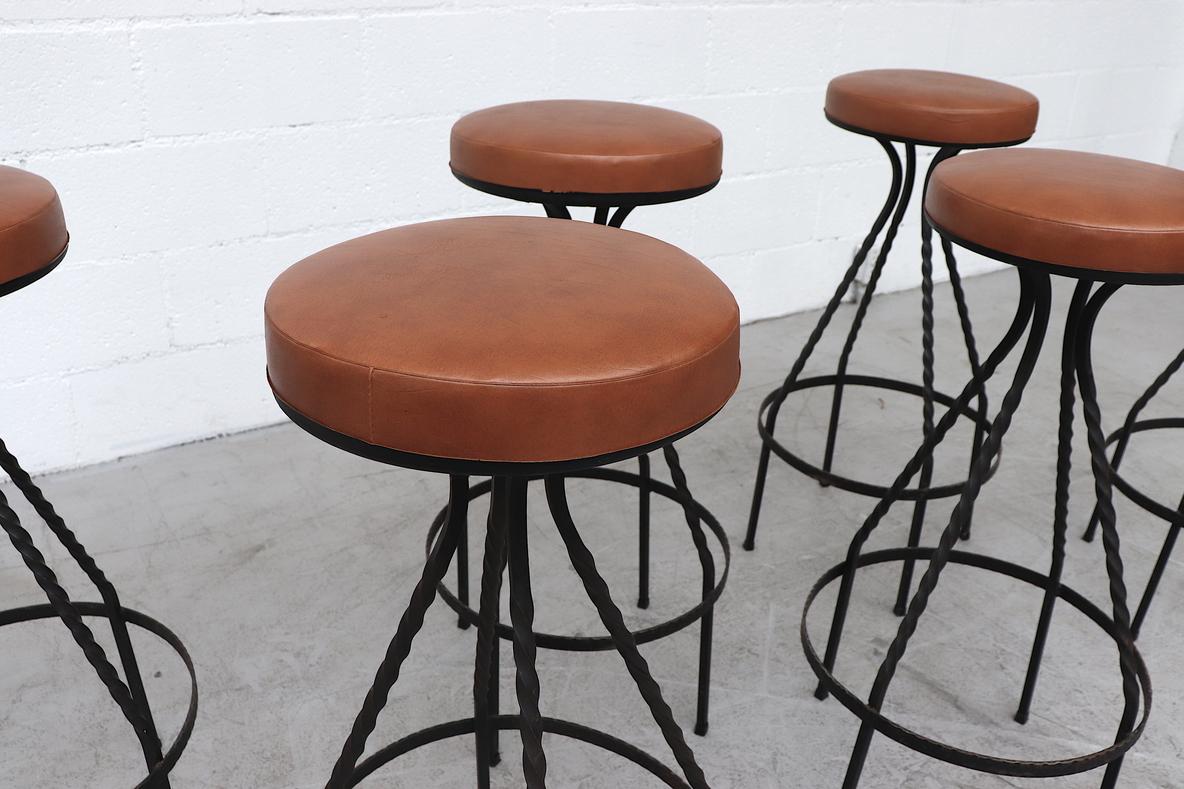 20th Century Mid-Century Western Style Brutalist Bar Stools with Faux Leather Seats