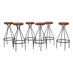 Mid-Century Western Style Brutalist Bar Stools with Faux Leather Seats