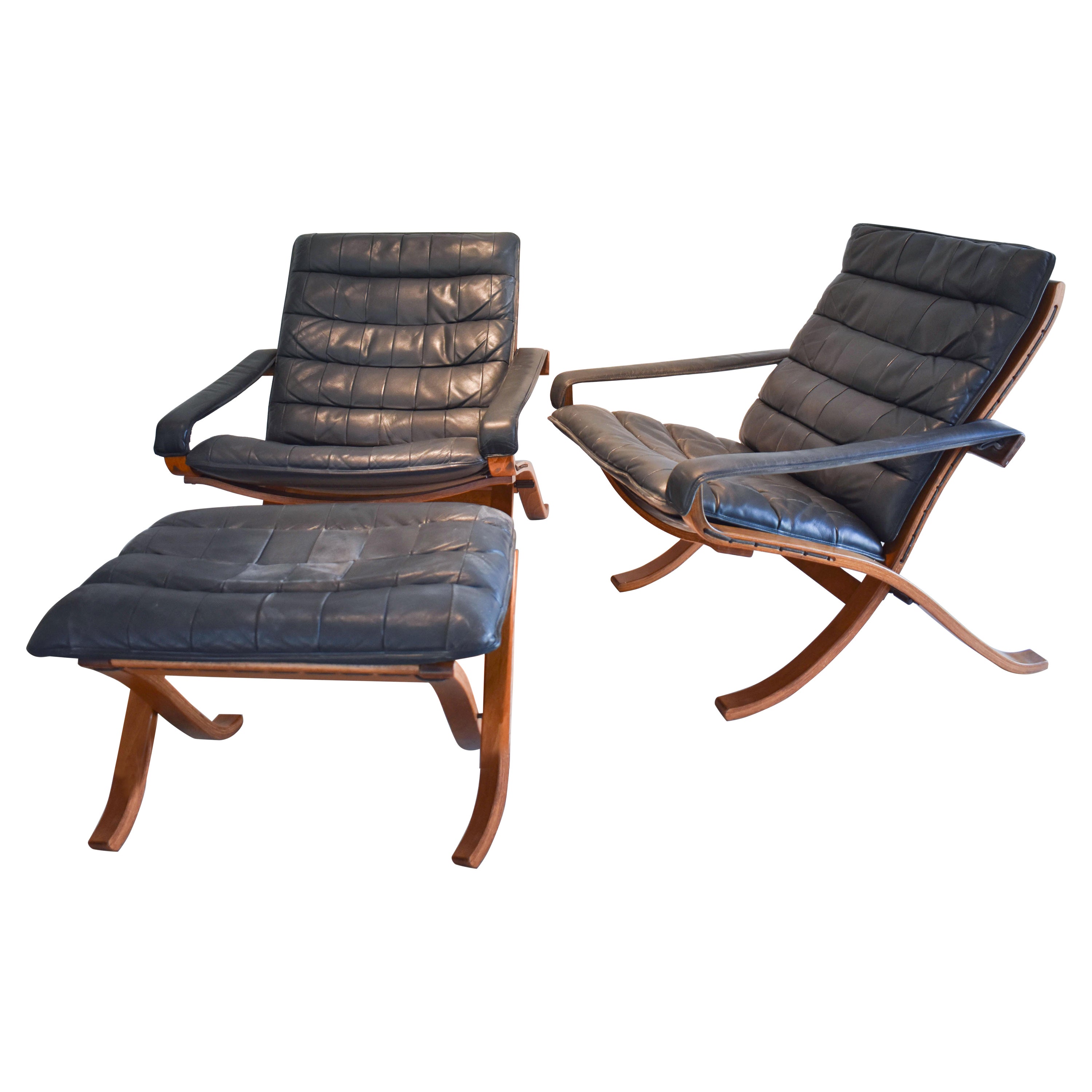 Mid-Century Westnofa / Vestlandske Bentwood and Leather Chairs with Ottoman