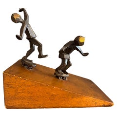 Mid-century Whimsical Incline Skateboarding Sculpture, Figurative in Metal, Wood