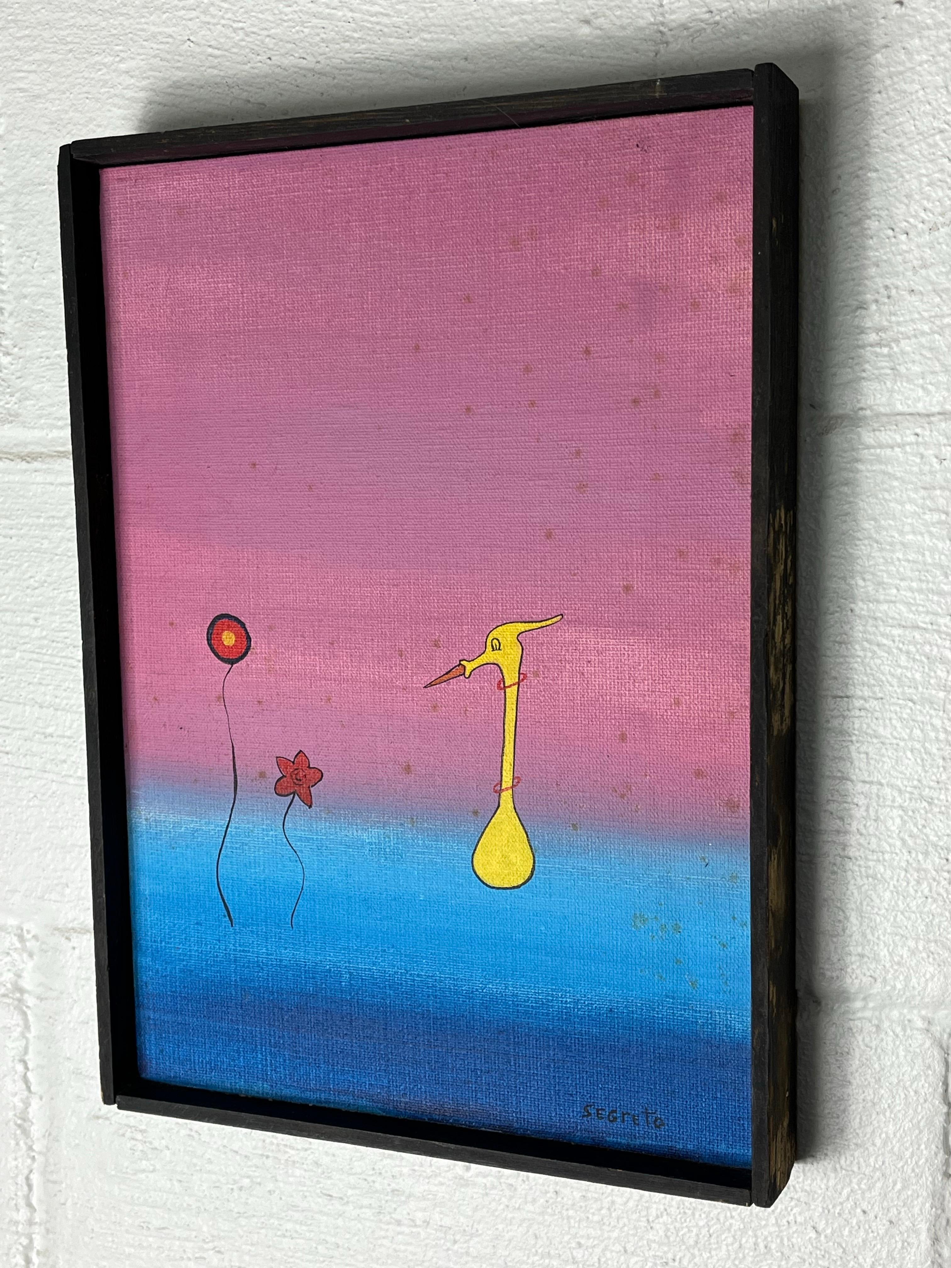 A charming mid-century modern painting signed Segreto, featuring a stylized yellow bird rendered in a playful, surreal manner. In the styling of Kenny Scharf. Set against a soft pink-to blue gradient background, the composition balances whimsy and
