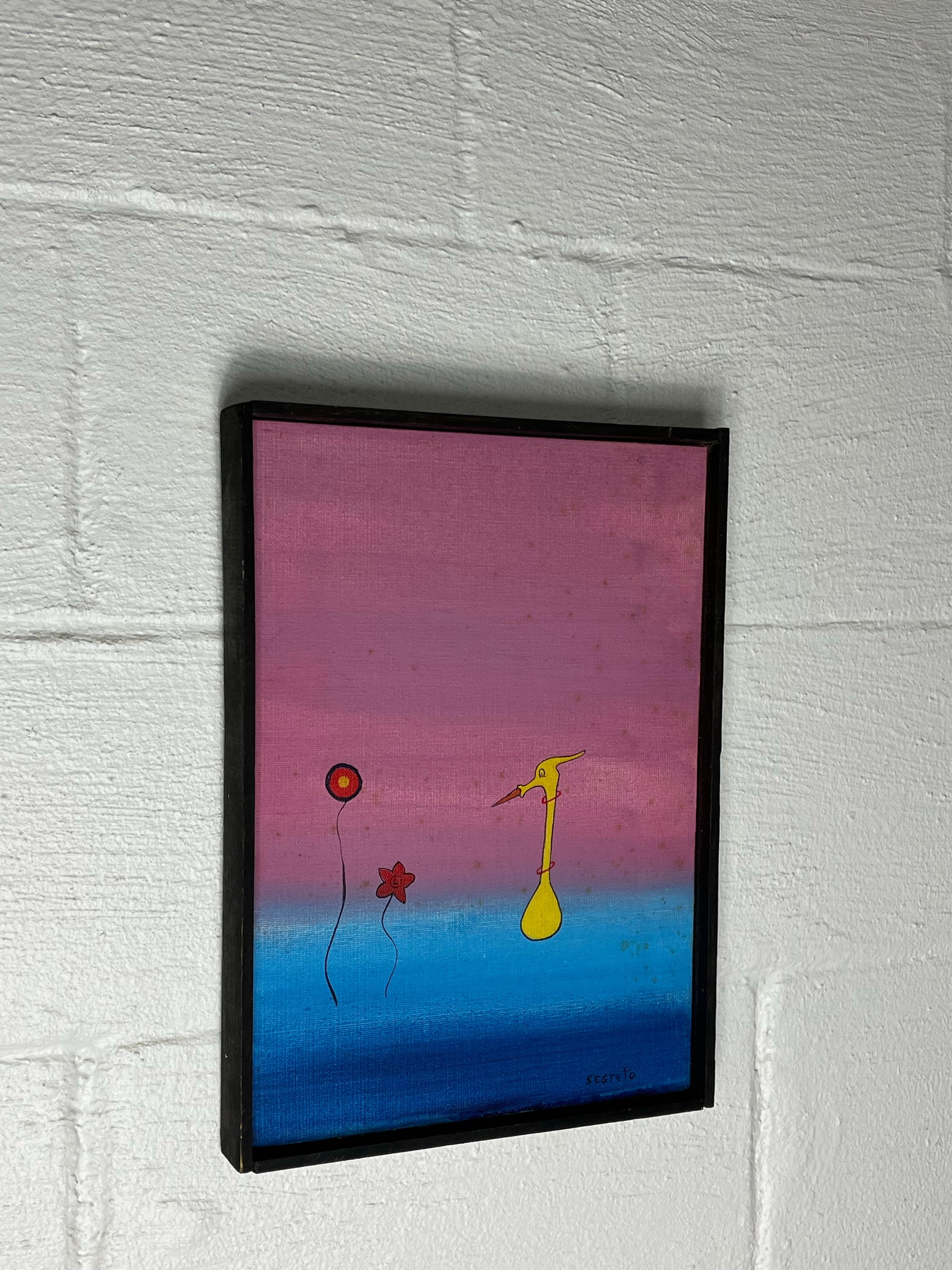 American Mid Century Whimsical Painting by Segreto, Surreal Bird or Duck Gradient Ground For Sale