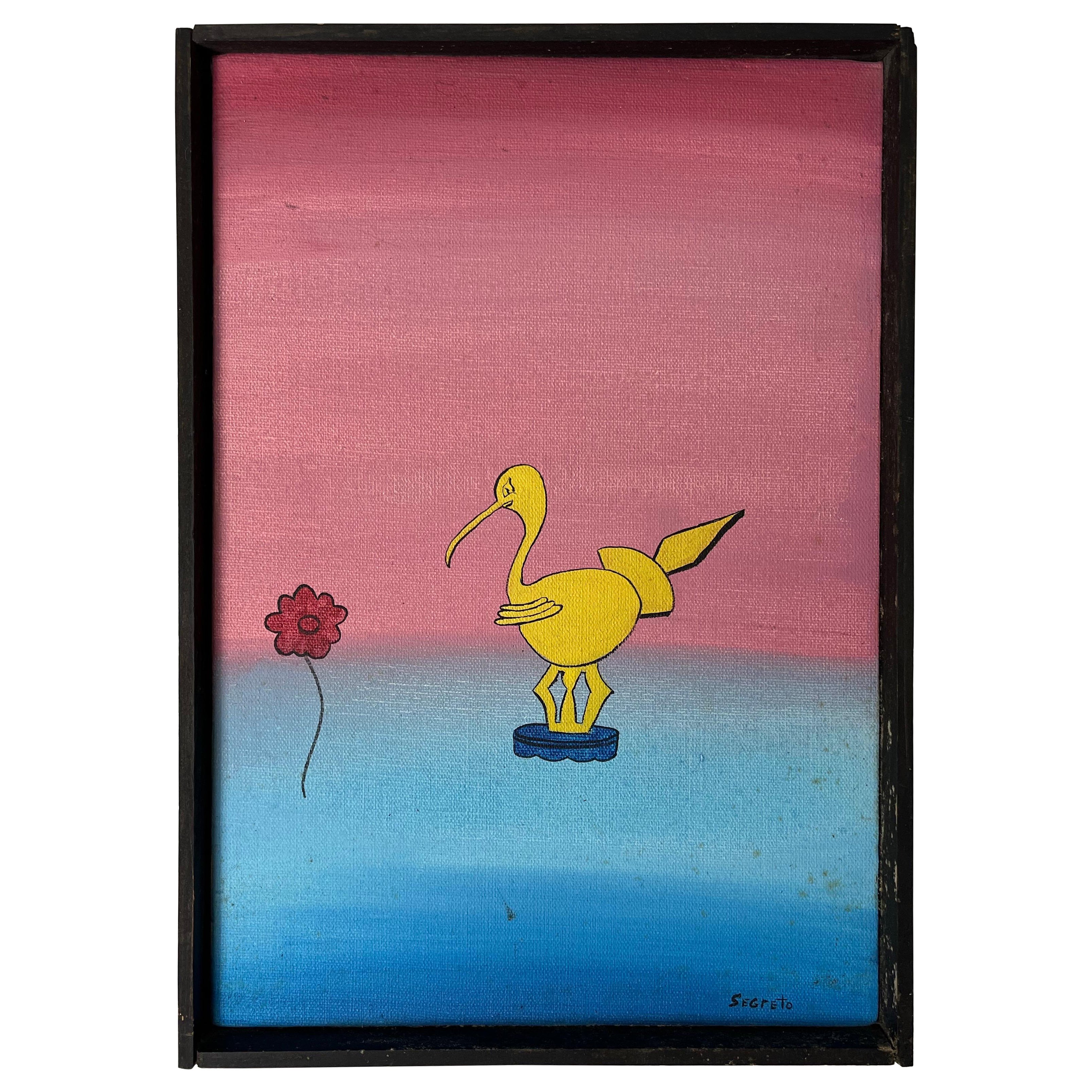 Mid Century Whimsical Painting by Segreto, Surreal Bird or Duck Gradient Ground