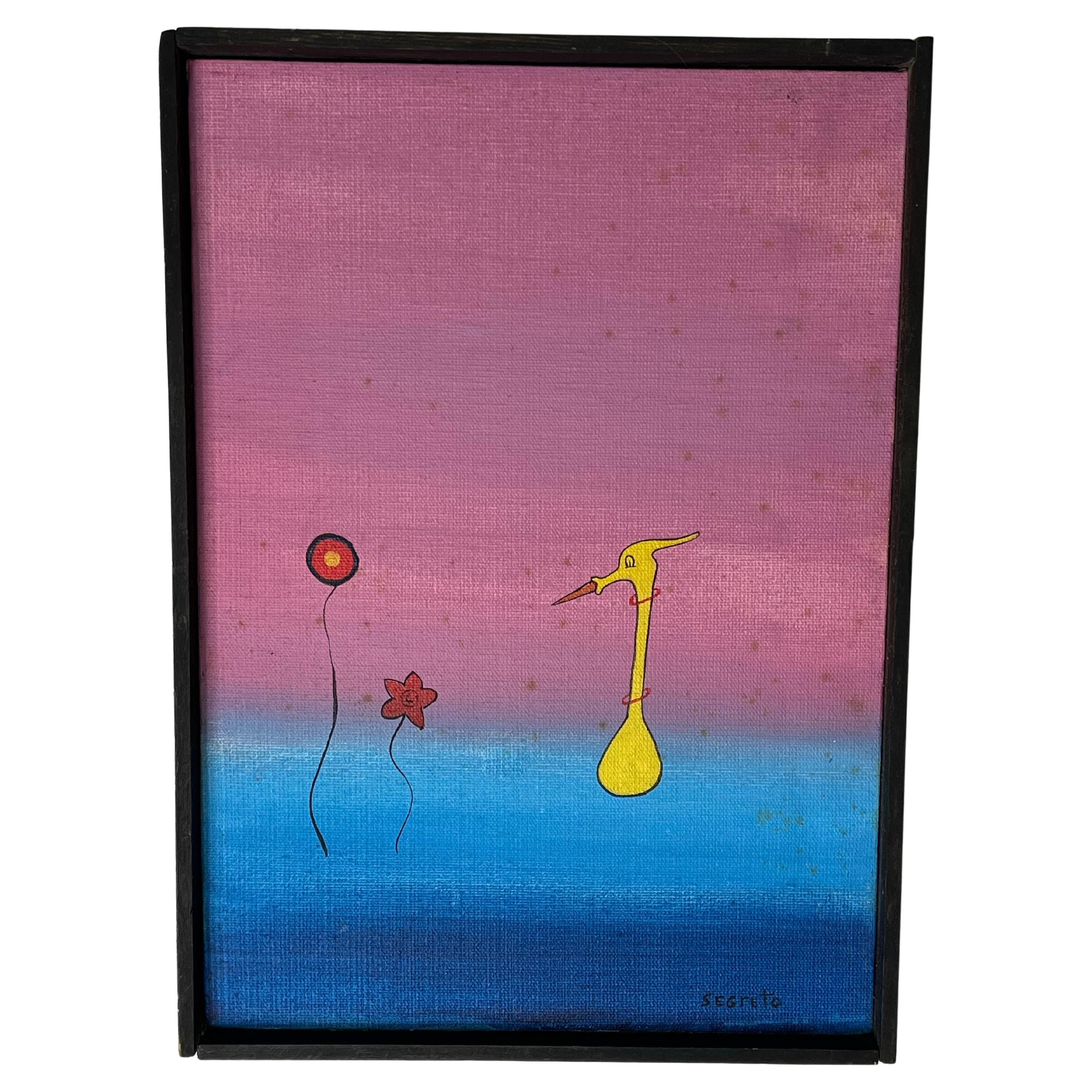 Mid Century Whimsical Painting by Segreto, Surreal Bird or Duck Gradient Ground