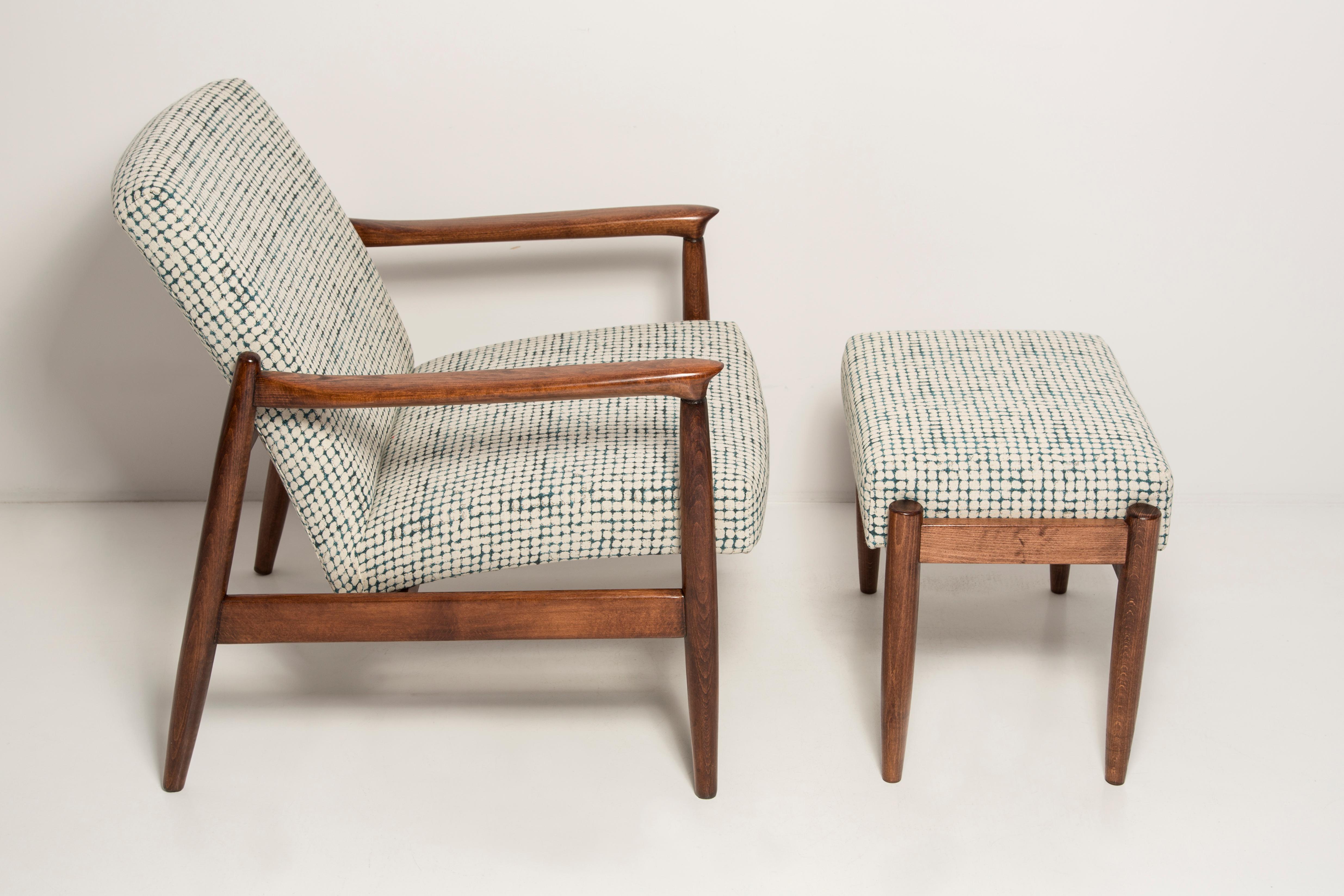 Mid-Century Modern Mid Century White and Aqua Vintage Armchair and Stool, Edmund Homa, Europe, 1960s For Sale
