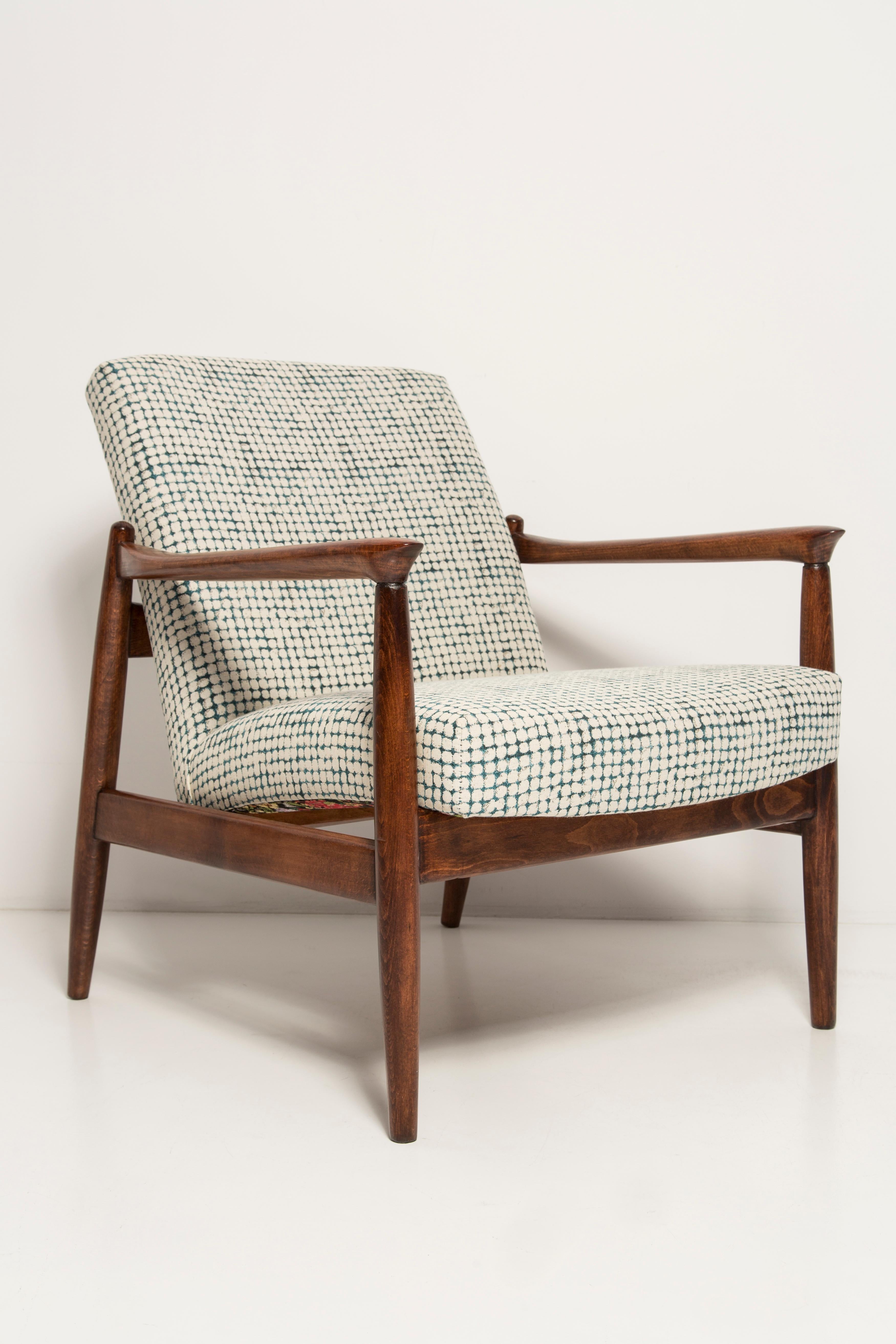 Hand-Crafted Mid Century White and Aqua Vintage Armchair and Stool, Edmund Homa, Europe, 1960s For Sale