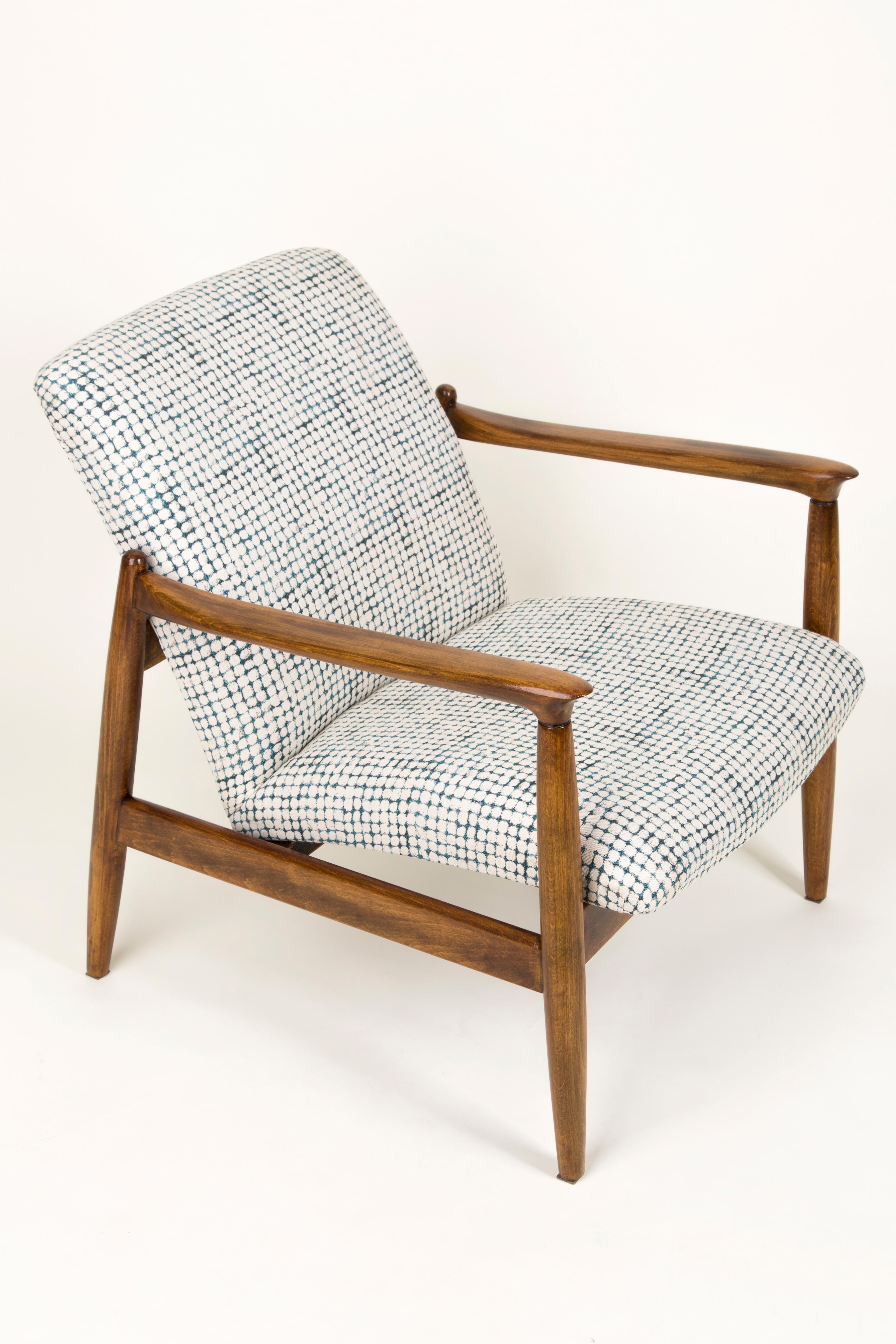 Textile Mid Century White and Aqua Vintage Armchair and Stool, Edmund Homa, Europe, 1960s For Sale