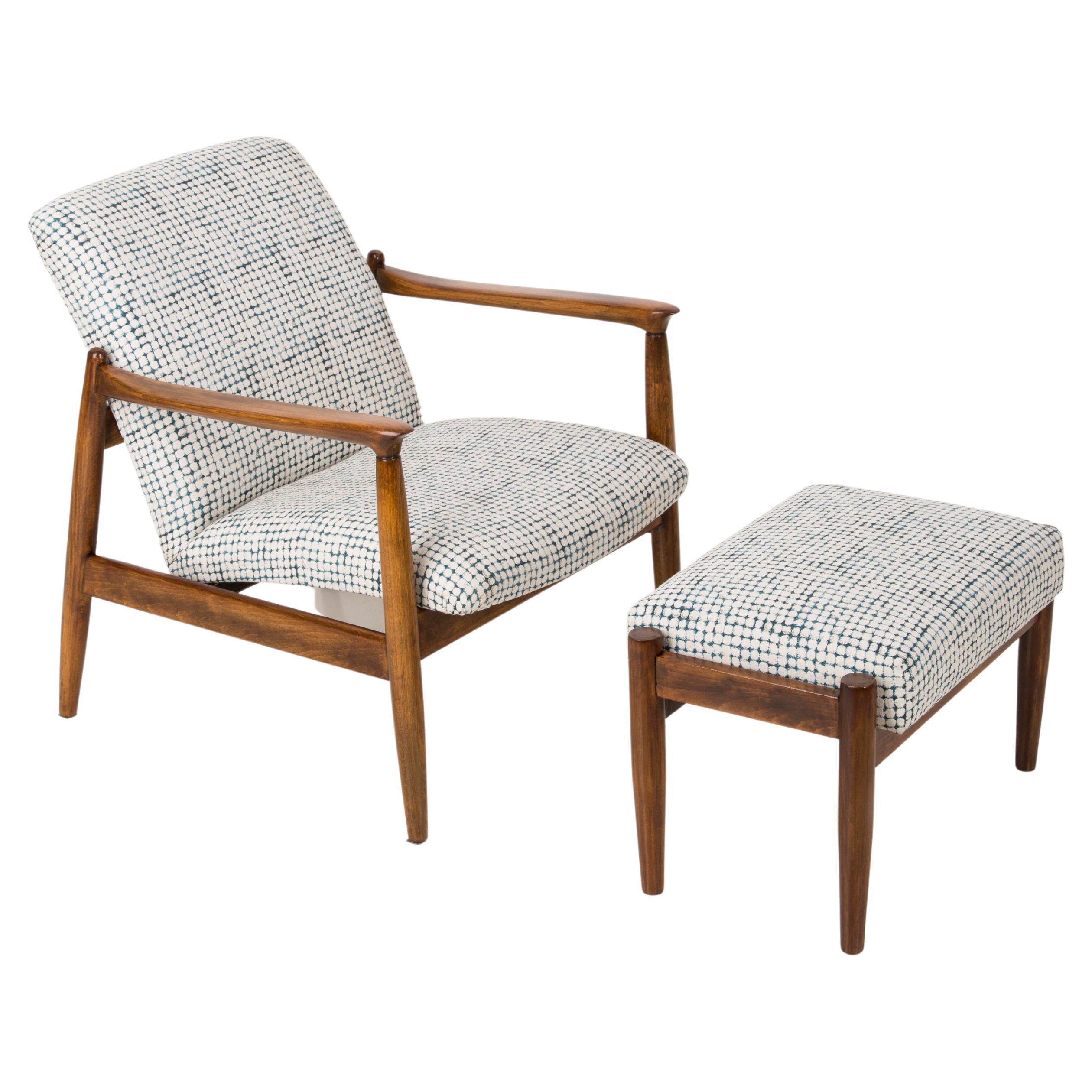 Mid Century White and Aqua Vintage Armchair and Stool, Edmund Homa, Europe, 1960s For Sale