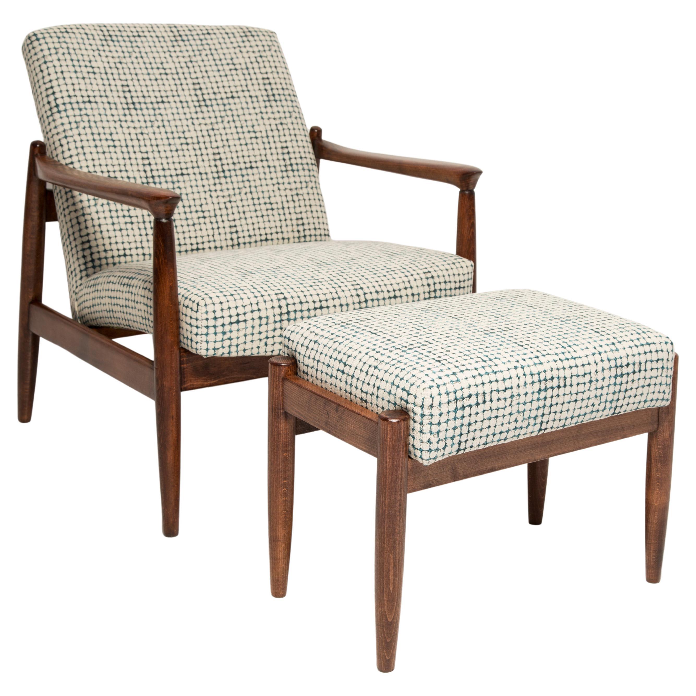 Mid Century White and Aqua Vintage Armchair and Stool, Edmund Homa, Europe, 1960s For Sale
