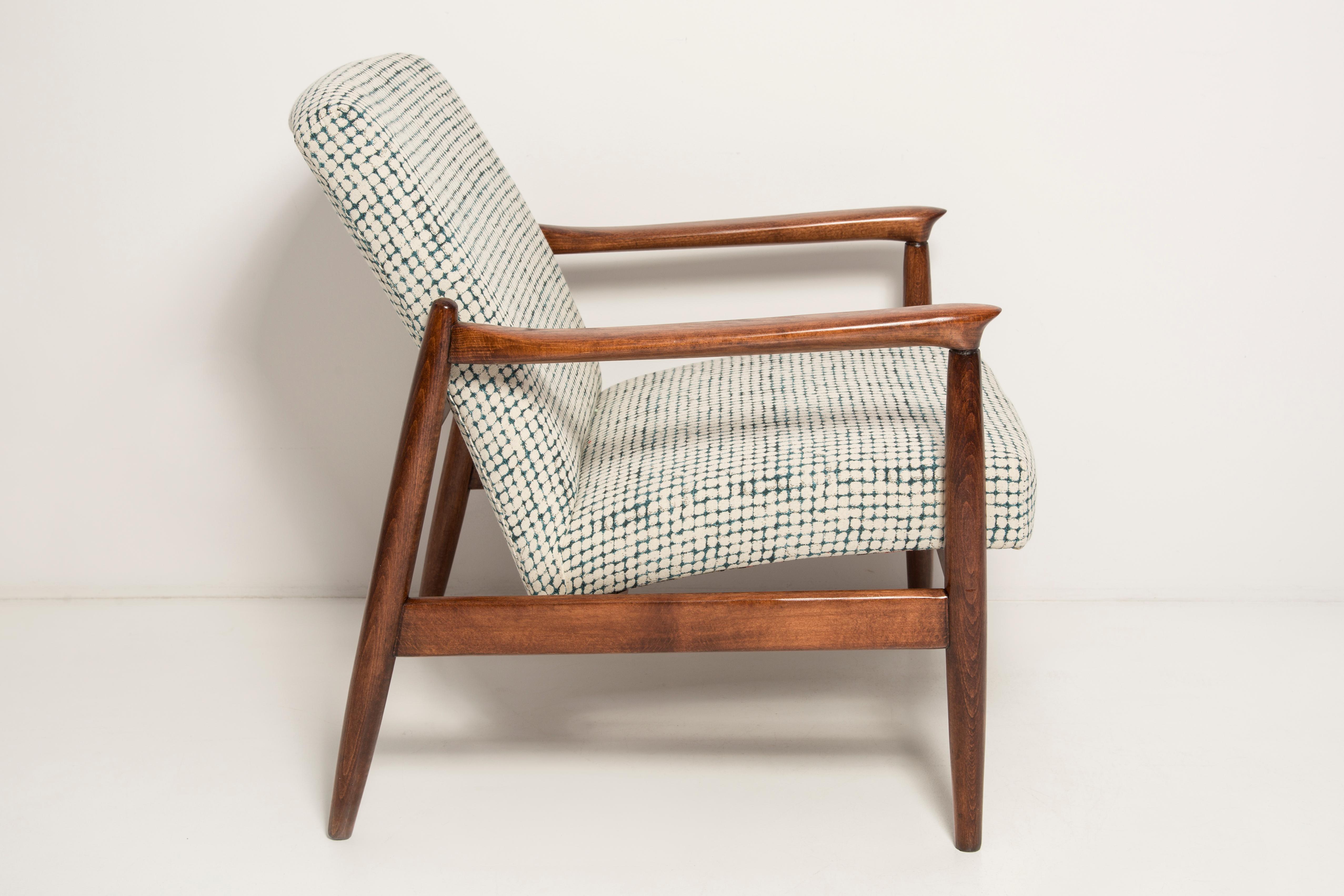 Polish Mid Century White and Aqua Vintage GFM 64 Armchair, Edmund Homa, Europe, 1960s For Sale