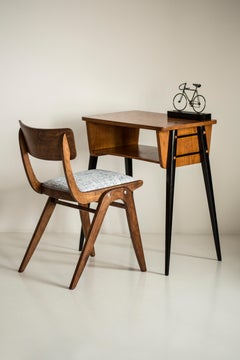 Midcentury White and Blue Linnen Boomerang Chair, Dark Wood, Poland, 1960s