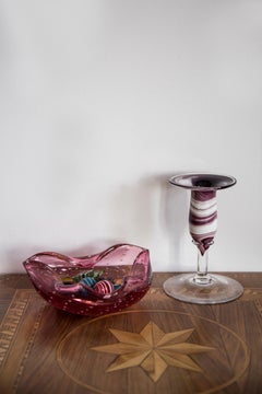 Mid Century White and Purple Small Artistic Glass Candlestick, Europe, 1970s