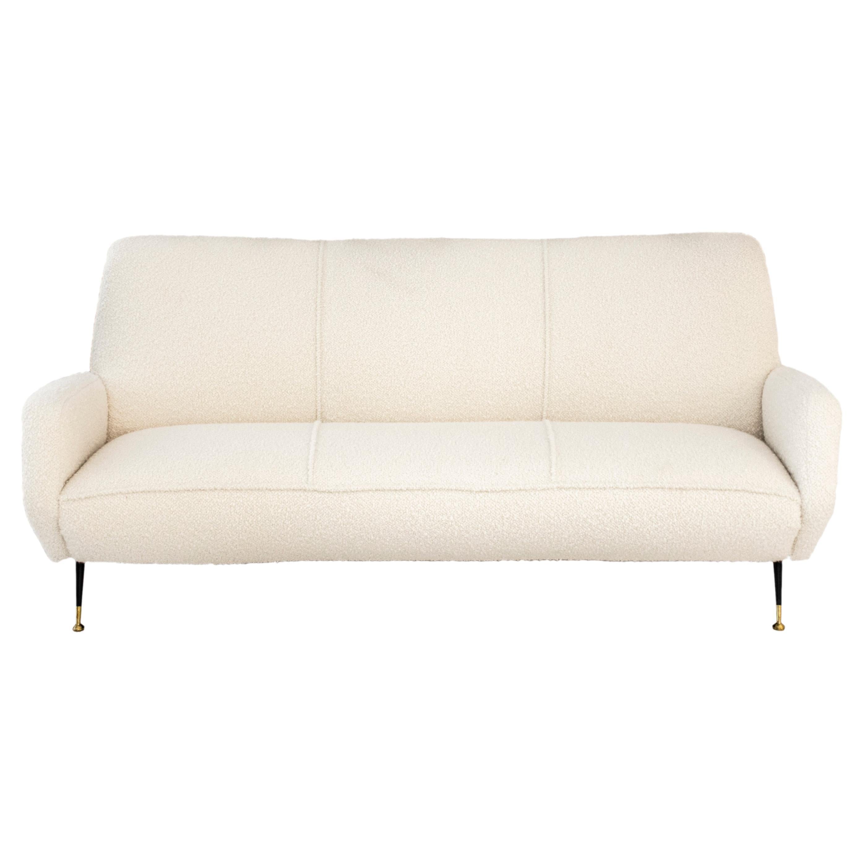 Mid-Century White Boucle Curved Sofa with Five Legs, Italy, 1950