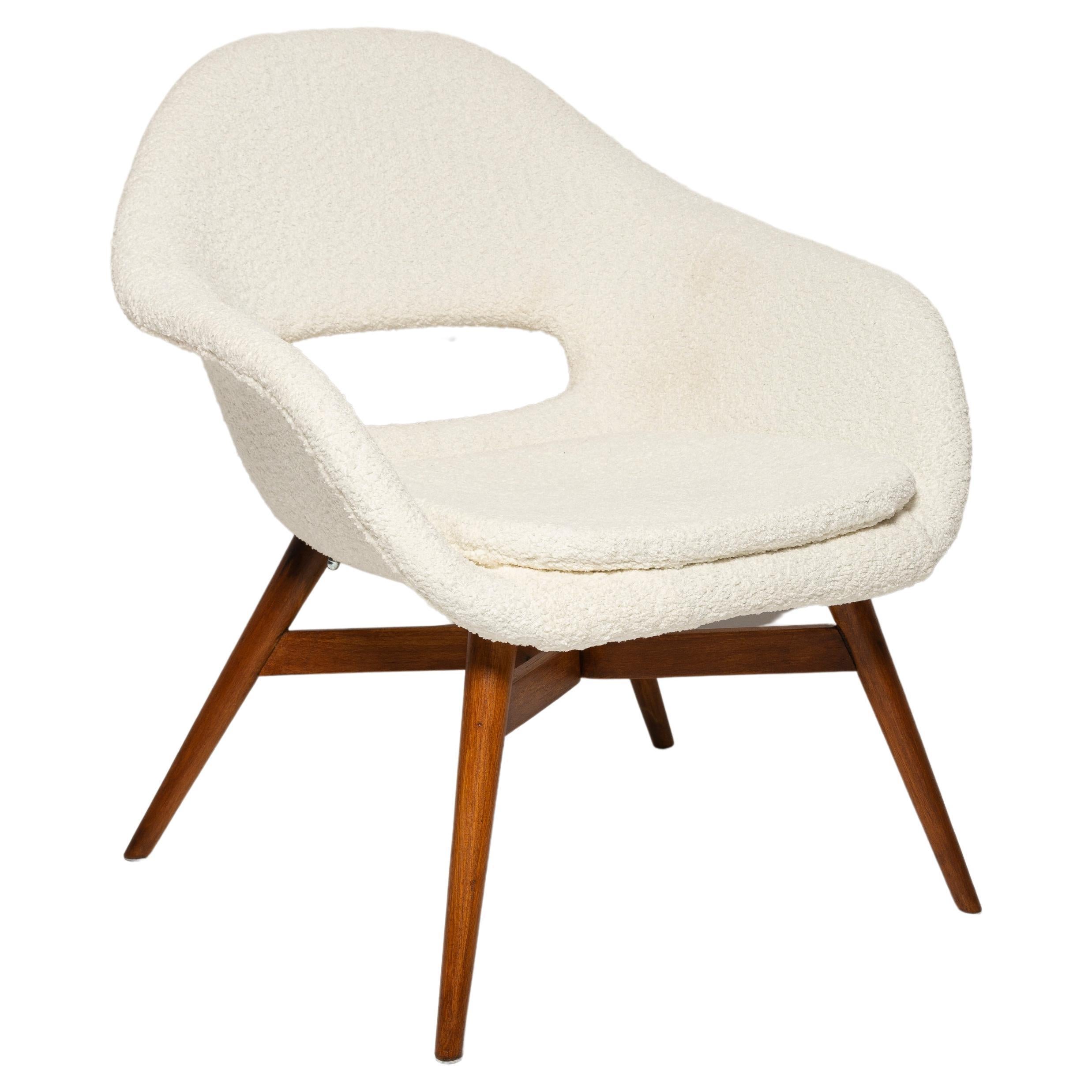 Mid-Century White Boucle Shell Chair, Miroslav Navratil, Czechoslovakia, 1960s For Sale