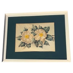 Mid Century White Camellia Botanical Floral Lithograph Print in Original Frame