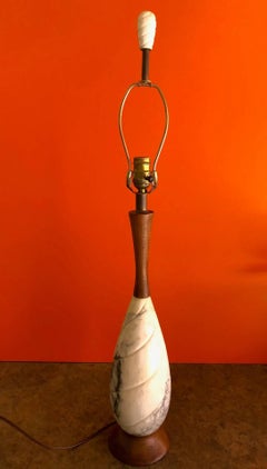 Midcentury White Carrara Marble and Walnut Table Lamp