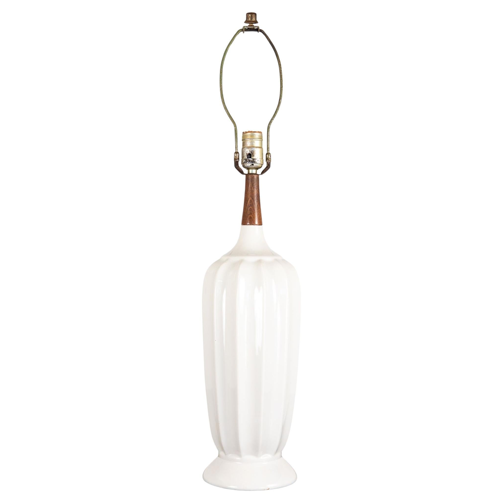 Mid Century White Ceramic and Walnut Table Lamp, Denmark 1960s