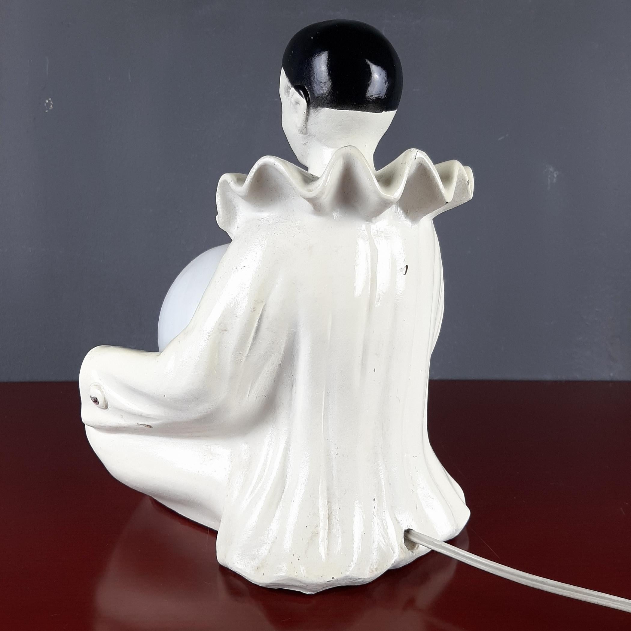 Ceramic Mid-century white ceramic table lamp Pierrot 1960s For Sale