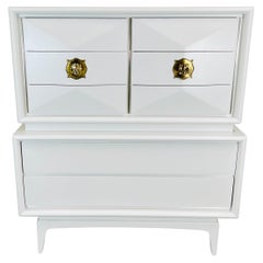 Mid-Century White Diamond Front 8-Drawer Gentleman's Chest Dresser By United  