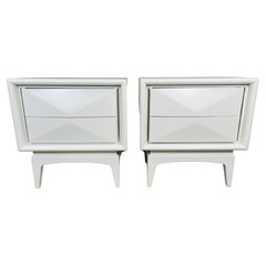Retro Mid-Century White Diamond Front Nightstands By United Furniture 