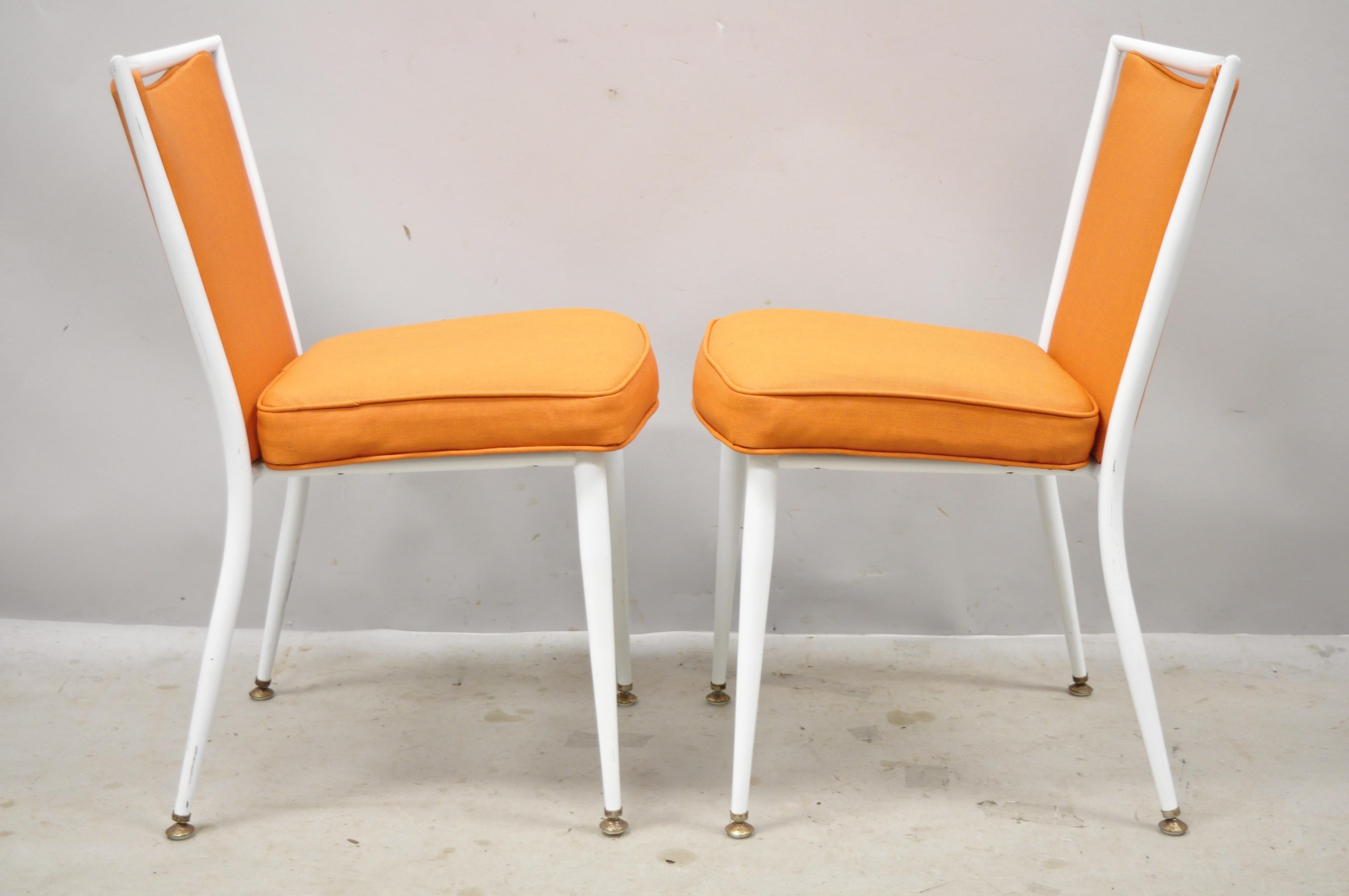 Mid Century White Enameled Steel Metal Orange Fabric Dining Side Chairs, a Pair For Sale 4