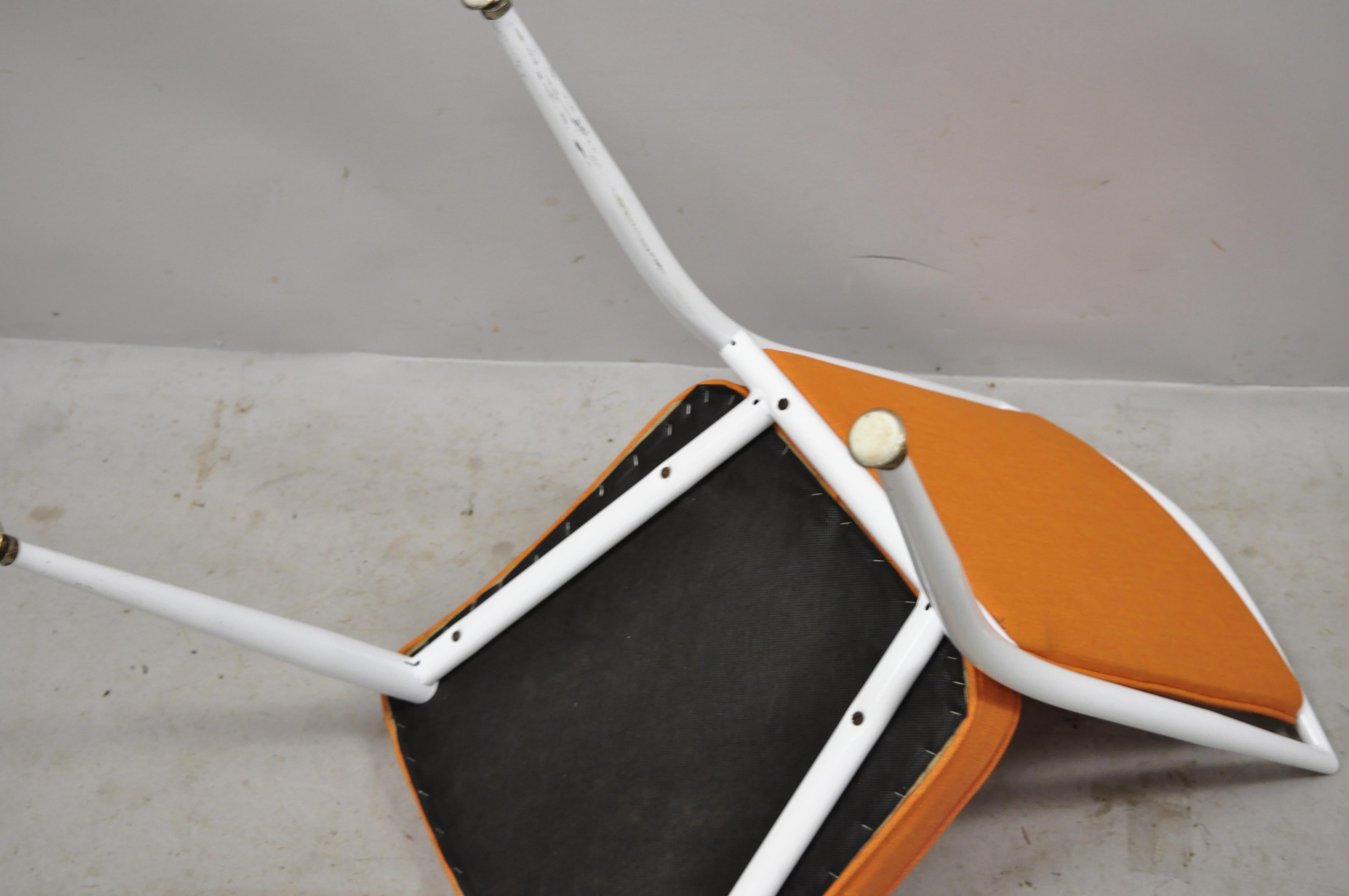 Mid Century White Enameled Steel Metal Orange Fabric Dining Side Chairs, a Pair For Sale 6