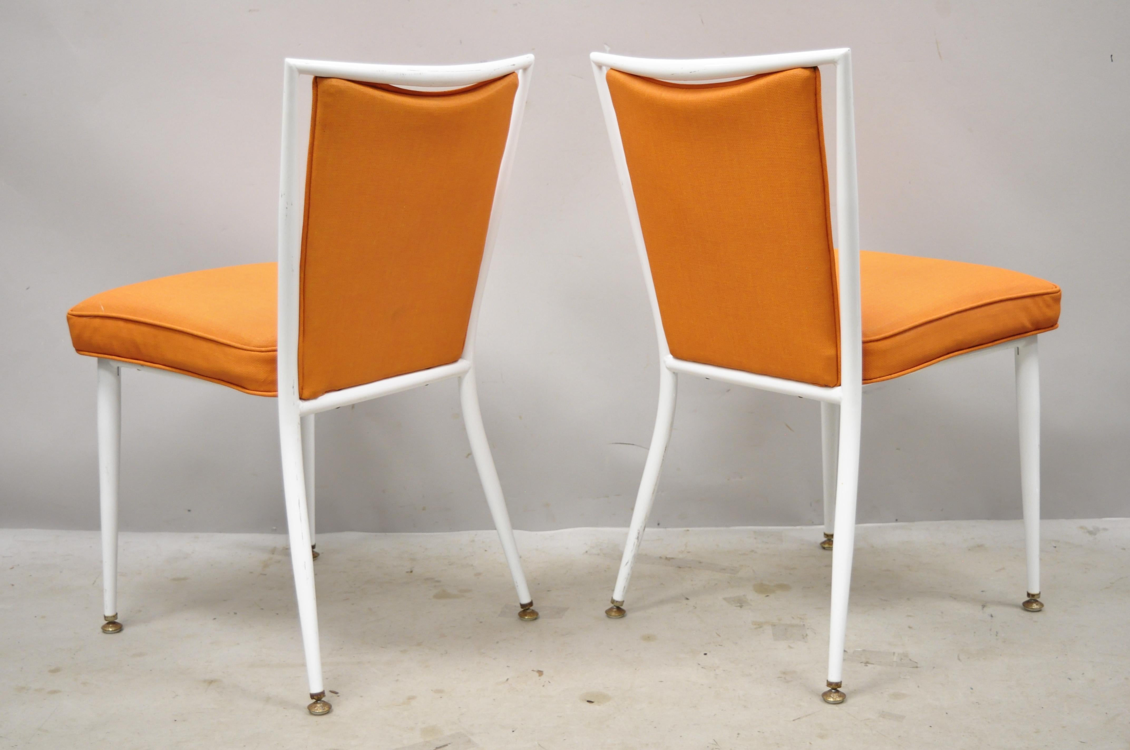 Mid-Century Modern Mid Century White Enameled Steel Metal Orange Fabric Dining Side Chairs, a Pair For Sale