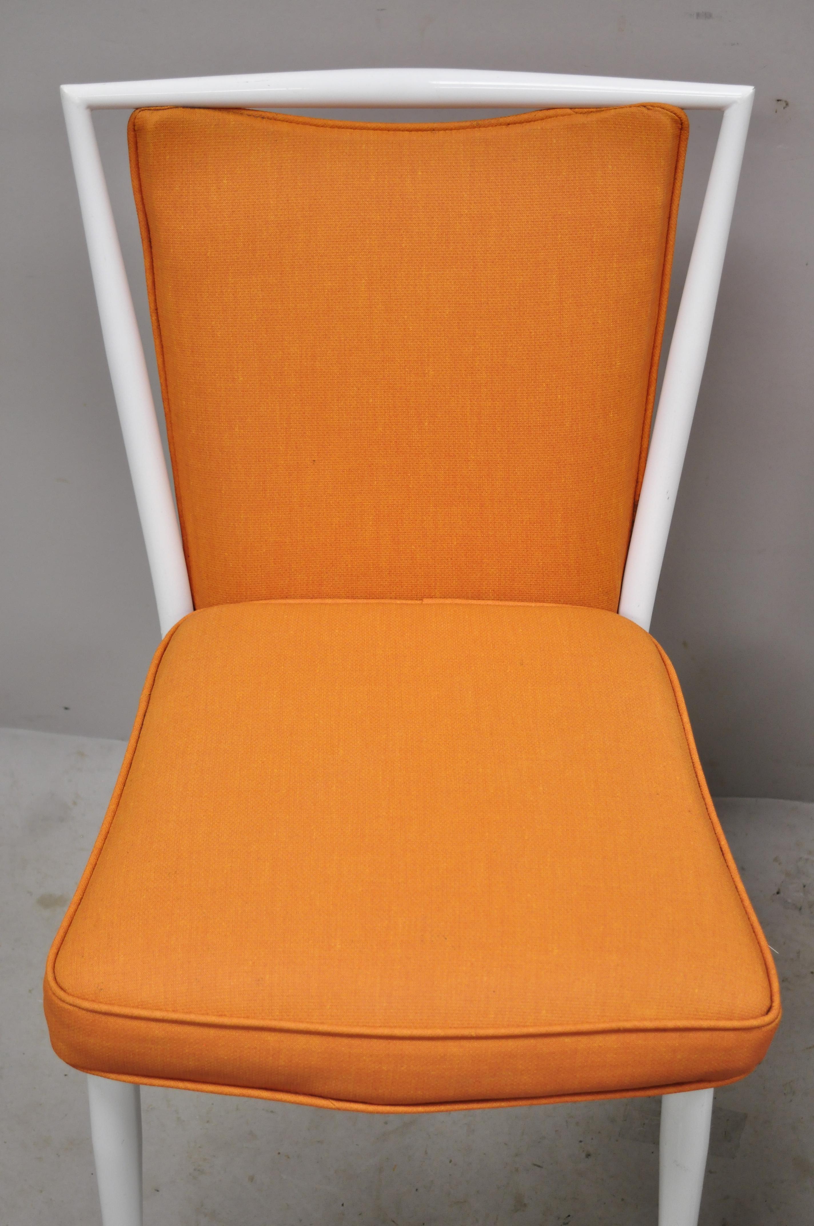 North American Mid Century White Enameled Steel Metal Orange Fabric Dining Side Chairs, a Pair For Sale