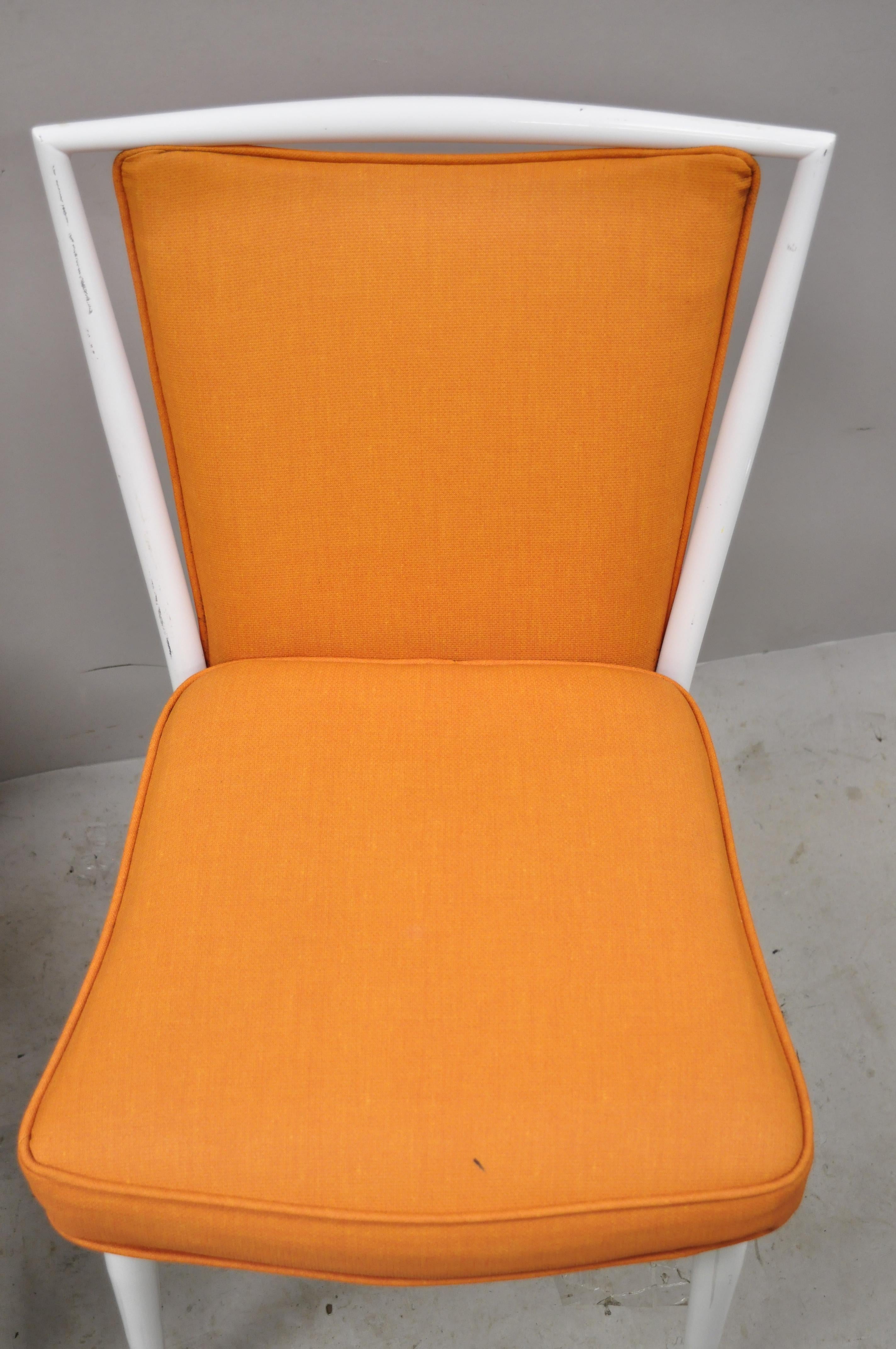 Mid Century White Enameled Steel Metal Orange Fabric Dining Side Chairs, a Pair In Good Condition For Sale In Philadelphia, PA