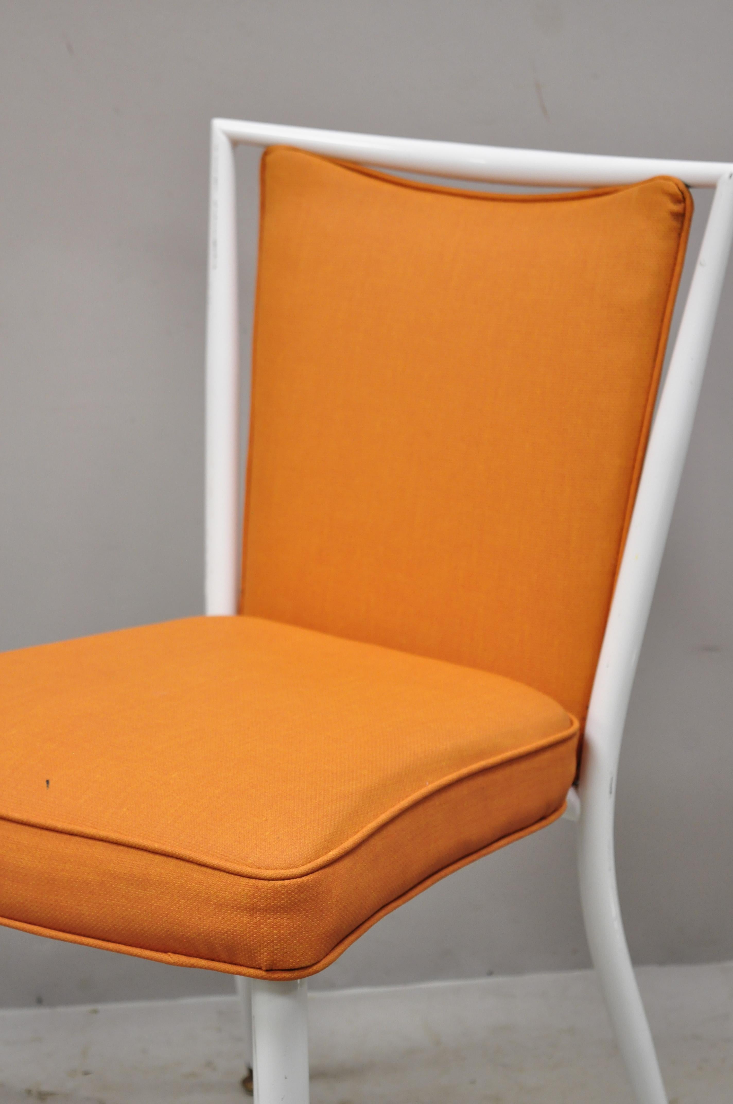 20th Century Mid Century White Enameled Steel Metal Orange Fabric Dining Side Chairs, a Pair For Sale