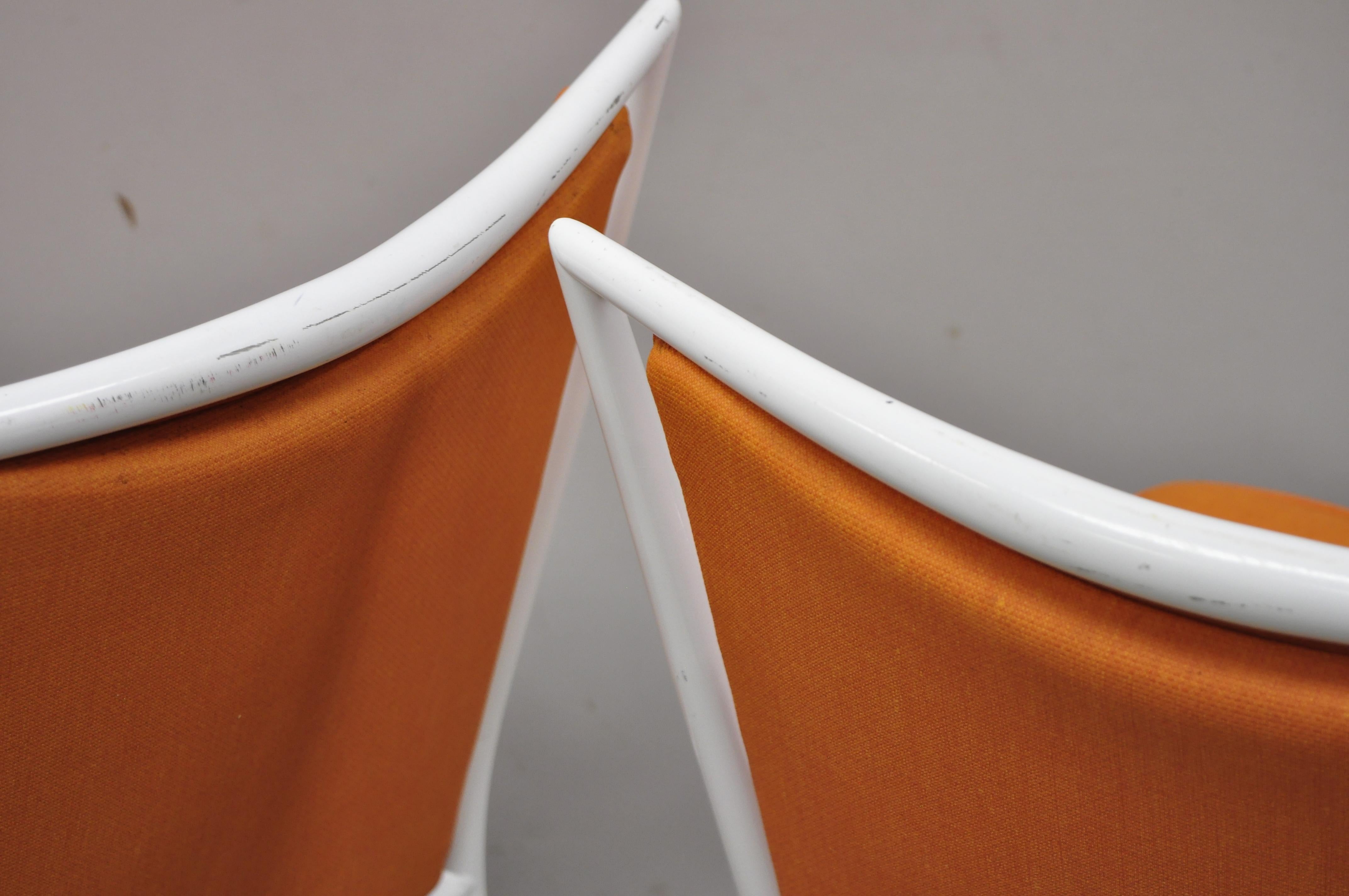 Mid Century White Enameled Steel Metal Orange Fabric Dining Side Chairs, a Pair For Sale 3