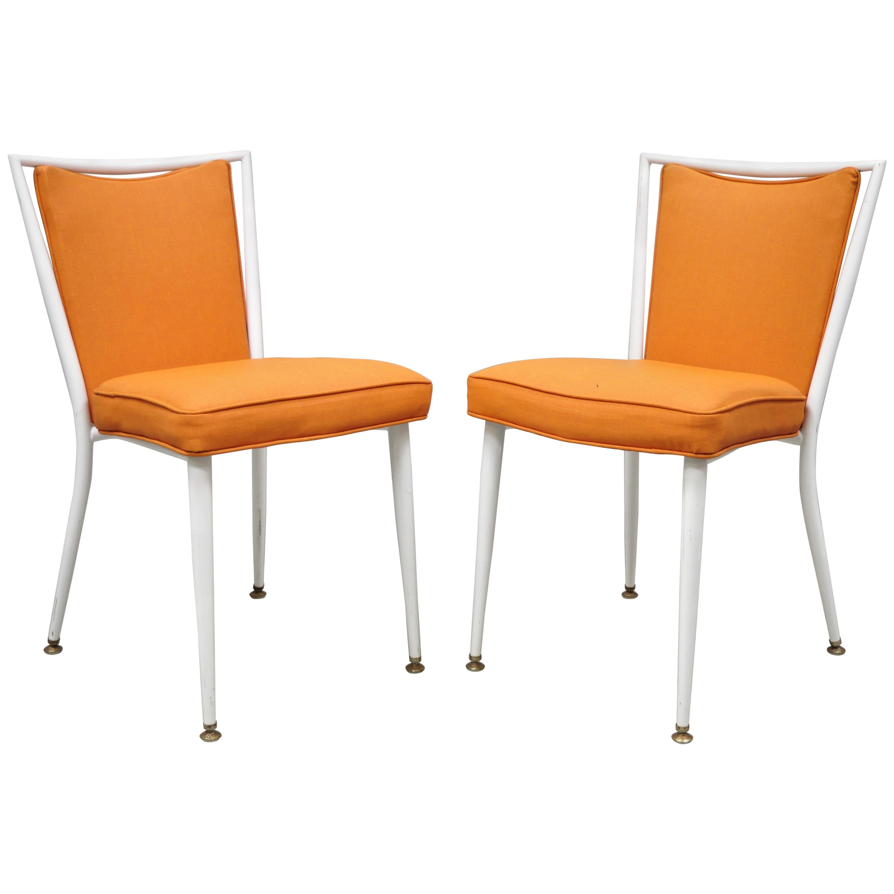 Mid Century White Enameled Steel Metal Orange Fabric Dining Side Chairs, a Pair For Sale