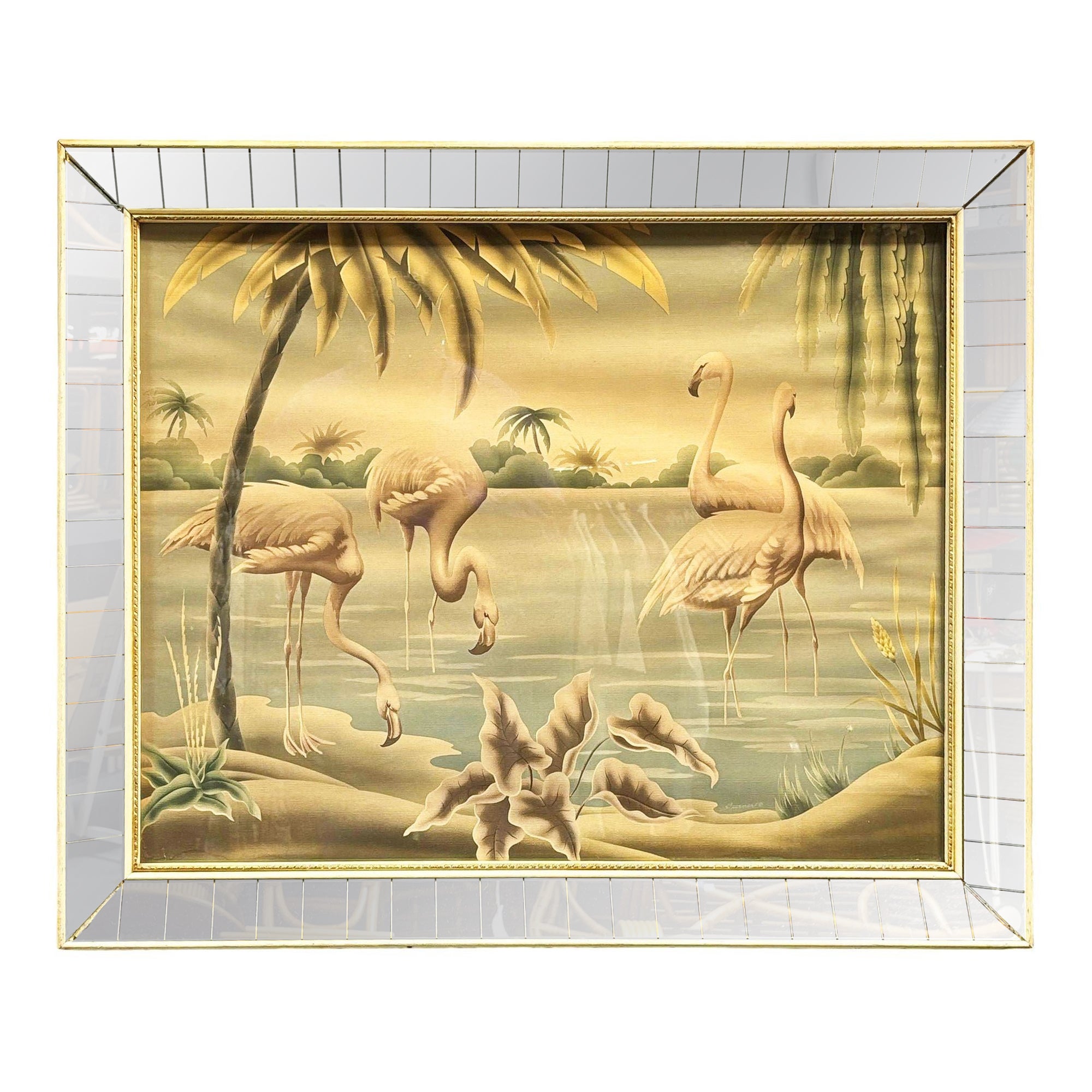 Mid Century White Flamingo Lithograph Print by Turner in Mirror Frame